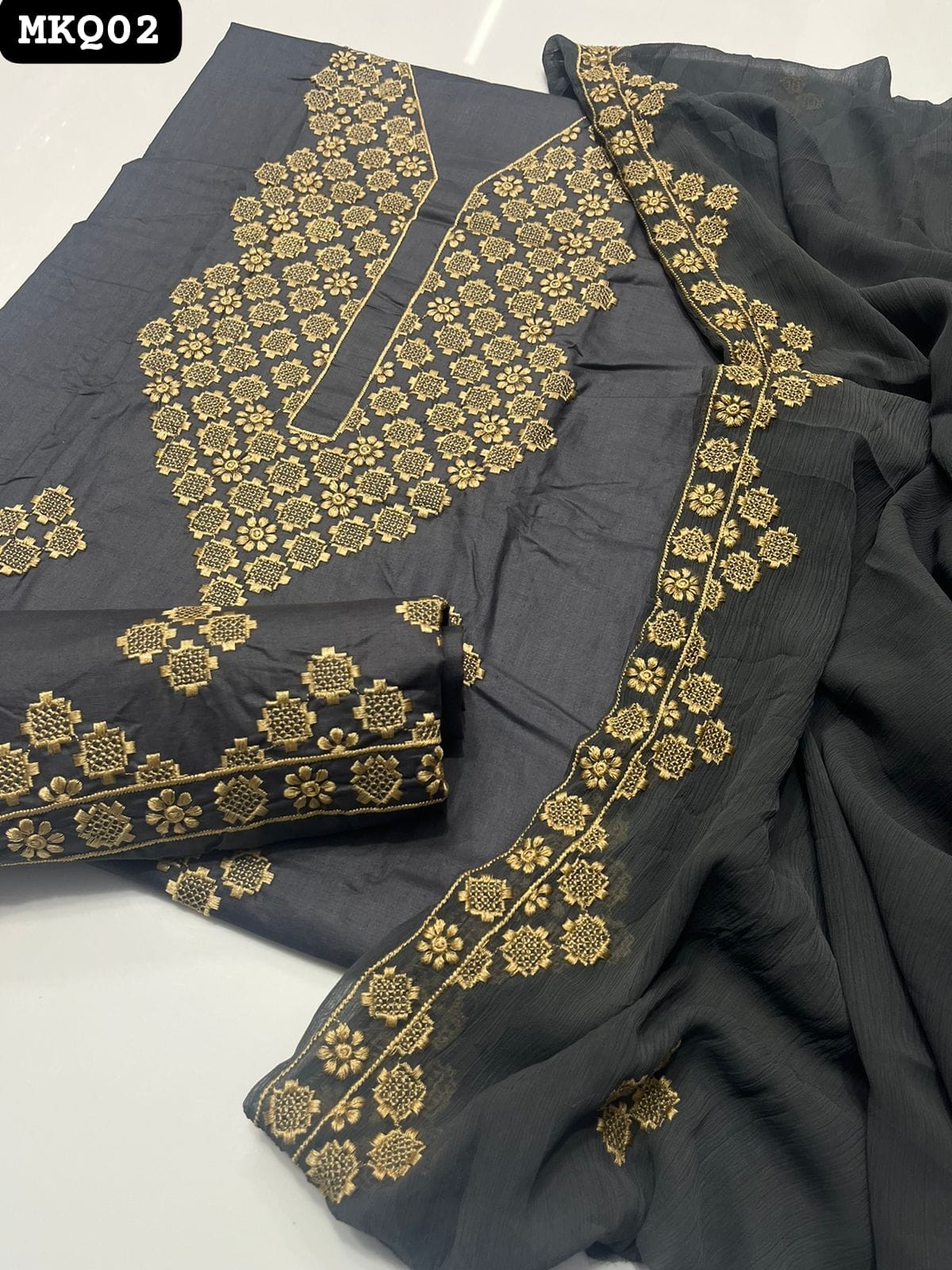 Lawn Cotton Fabric Computer Pakka Work shirt With Chiffon 2 Side Embroidered Dupatta And Lawn Embroidered Trouser 3PC Dress