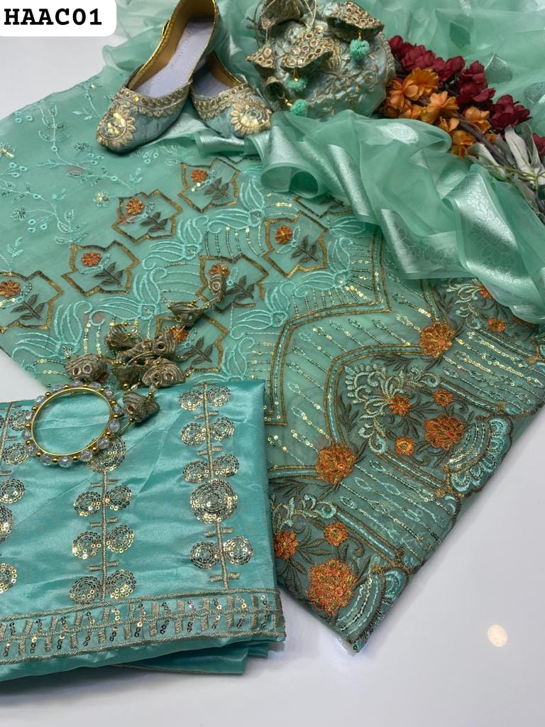 Multani 6Pc Fancy Collection   Organza Front And Back Fully Embroidered Shirt With 4 Side Organza Embroidered Dupatta And Kataan Silk Embroidered Trouser 3PC Dress  With Beautiful Embroidered Khussa,Handmade Hanging Bangle And Same Handmade Pouch