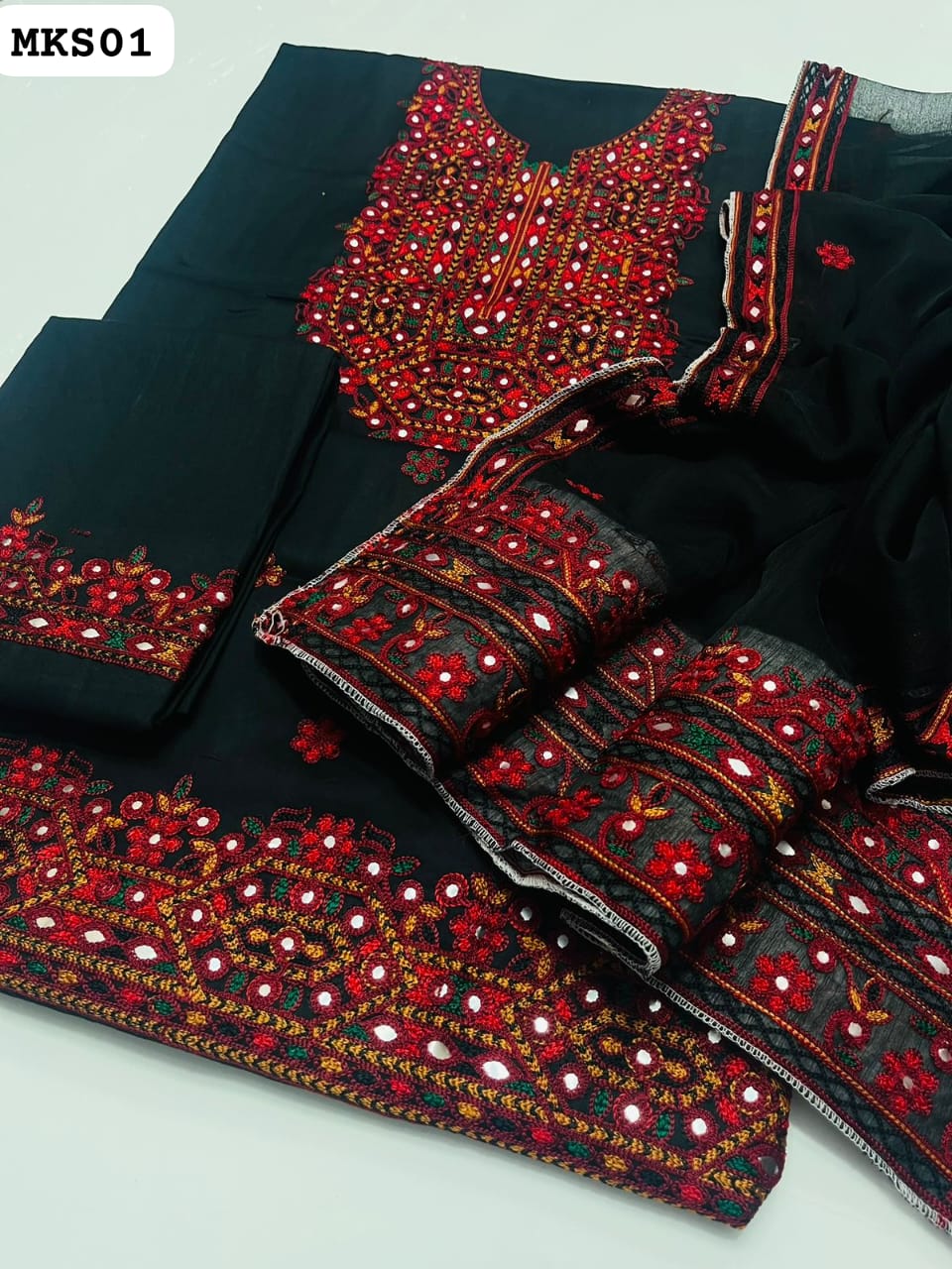 Pure Lawn Stuff Aari Balochi Work Shirt With Pallu Border Embroidered Dupatta And Lawn Embroidered Trouser 3PC Dress