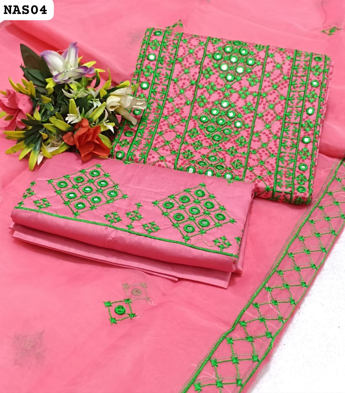 Soft Lawn Fabric Computer Cross Stitch With 9MM Galla Daman Work Shirt With Organza Embroidered Dupatta And Lawn Embroidered Trouser 3PC Dress