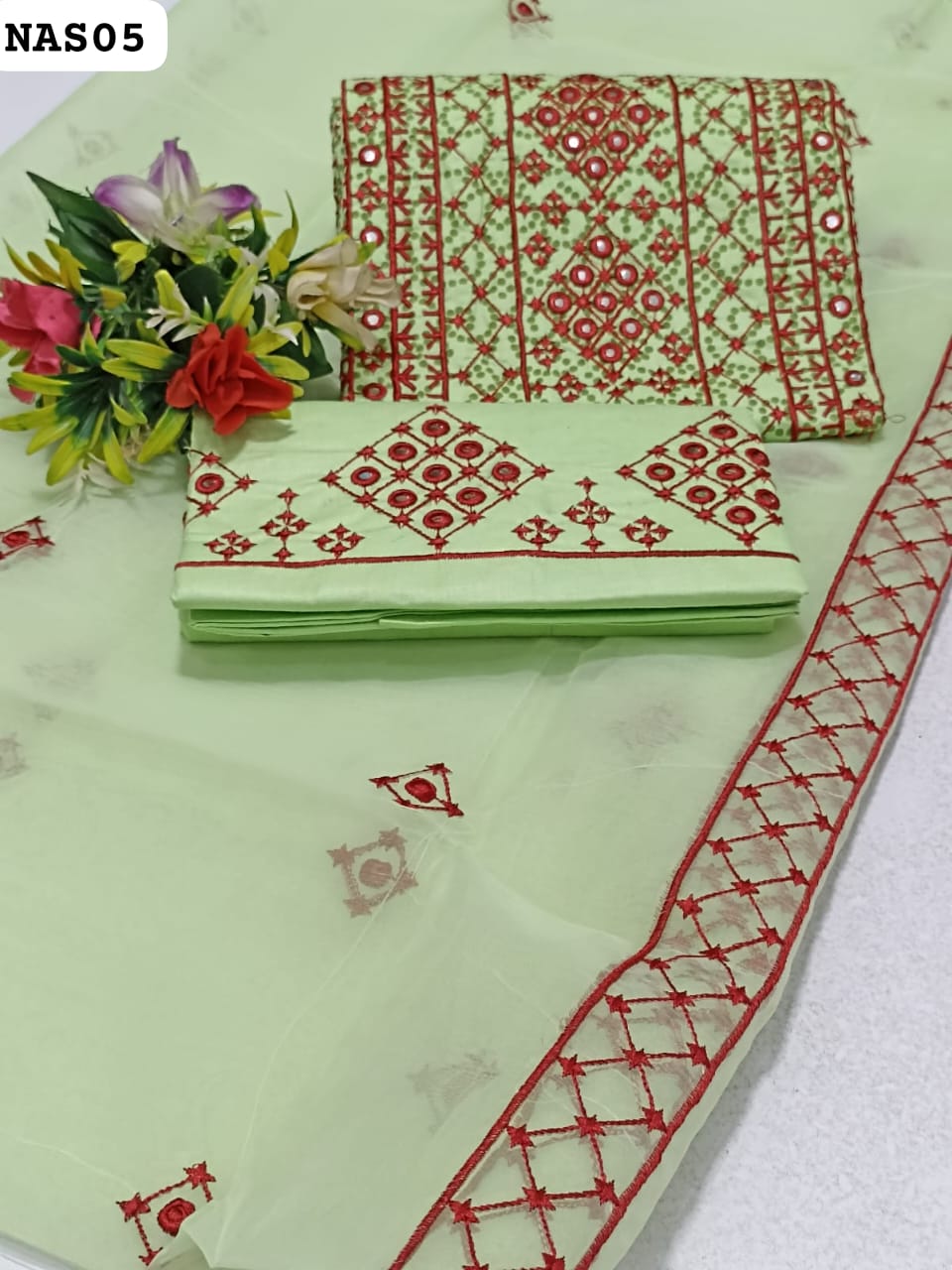 Soft Lawn Fabric Computer Cross Stitch With 9MM Galla Daman Work Shirt With Organza Embroidered Dupatta And Lawn Embroidered Trouser 3PC Dress
