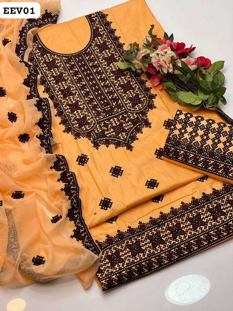 Lawn Fabric Aari Sindhi Galla Daman Heavy Embroidery Shirt With Chiffon 4 Sided Heavy Embroidered Dupatta And Lawn Balochi Embroidery Trouser 3Pc Dress