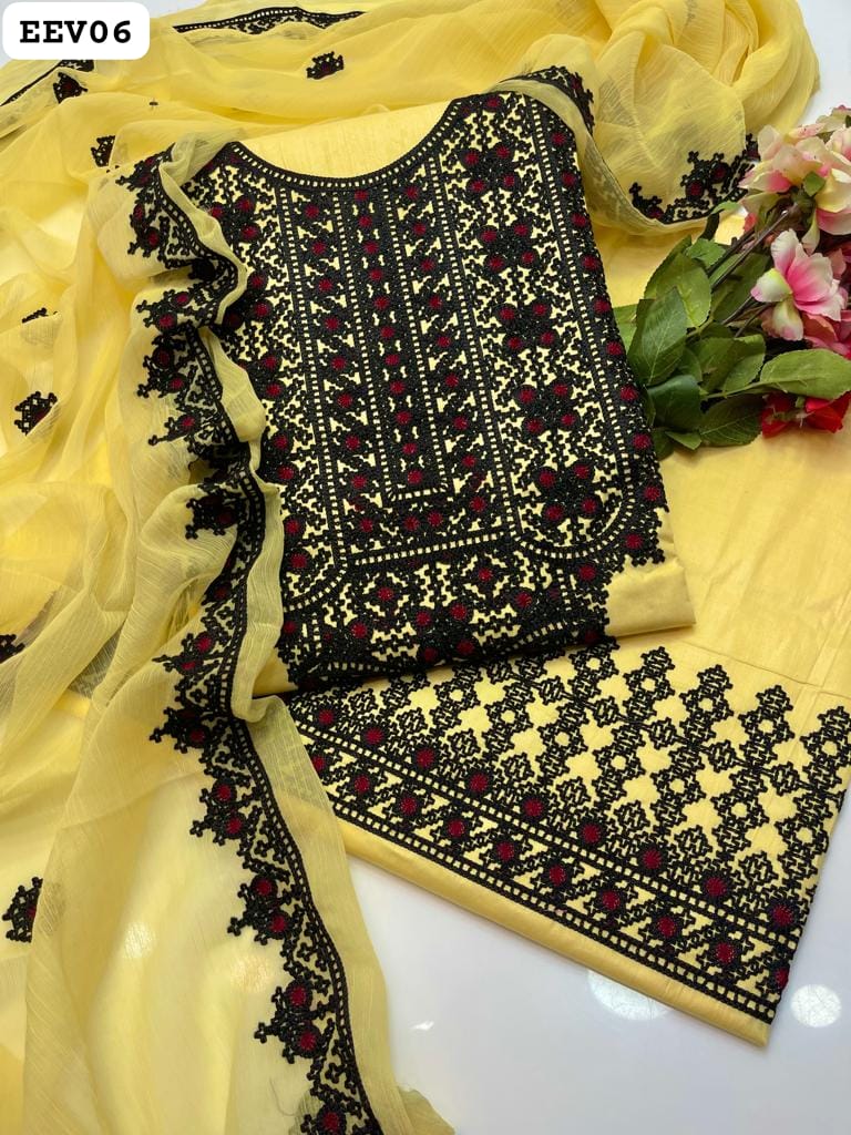 Lawn Fabric Aari Sindhi Galla Daman Heavy Embroidery Shirt With Chiffon 4 Sided Heavy Embroidered Dupatta And Lawn Balochi Embroidery Trouser 3Pc Dress