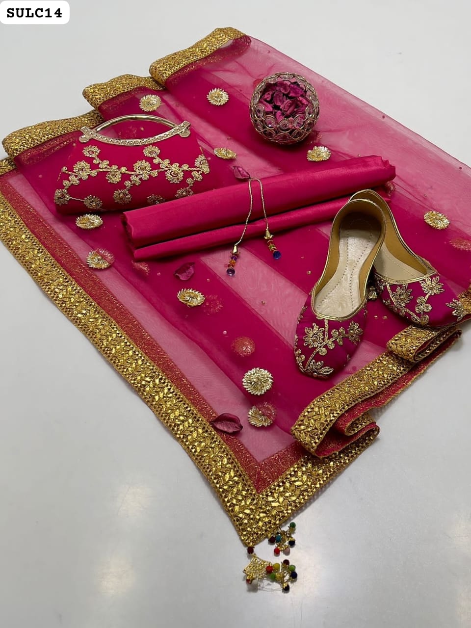 Plain Katan Silk Fabric Shirt And Trouser With Indian Net Hand Stitched Gotta Flower Embroidery And kundan Chatta Work Dupatta With 4 side border and tussles