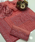 Lawn Cotton Stuff Self Chunri Print Aari 9MM Work Shirt With Lawn Embroidered Trouser And Chiffon Pallu Style Dupatta 3Pc Dress