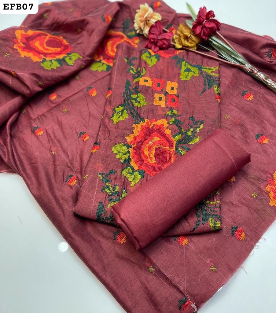 Paper Cotton Cross Stitch Work Shirt And Dupatta With Kataan Silk Trouser 3PC Dress