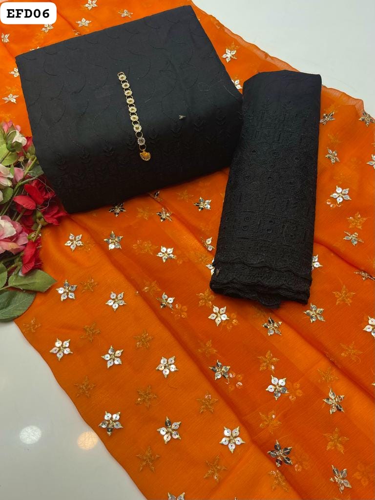 Soft Lawn Chiken Kari Shirt And Trouser With Chiffon Booti Work Beautiful Dupatta 3PC Dress