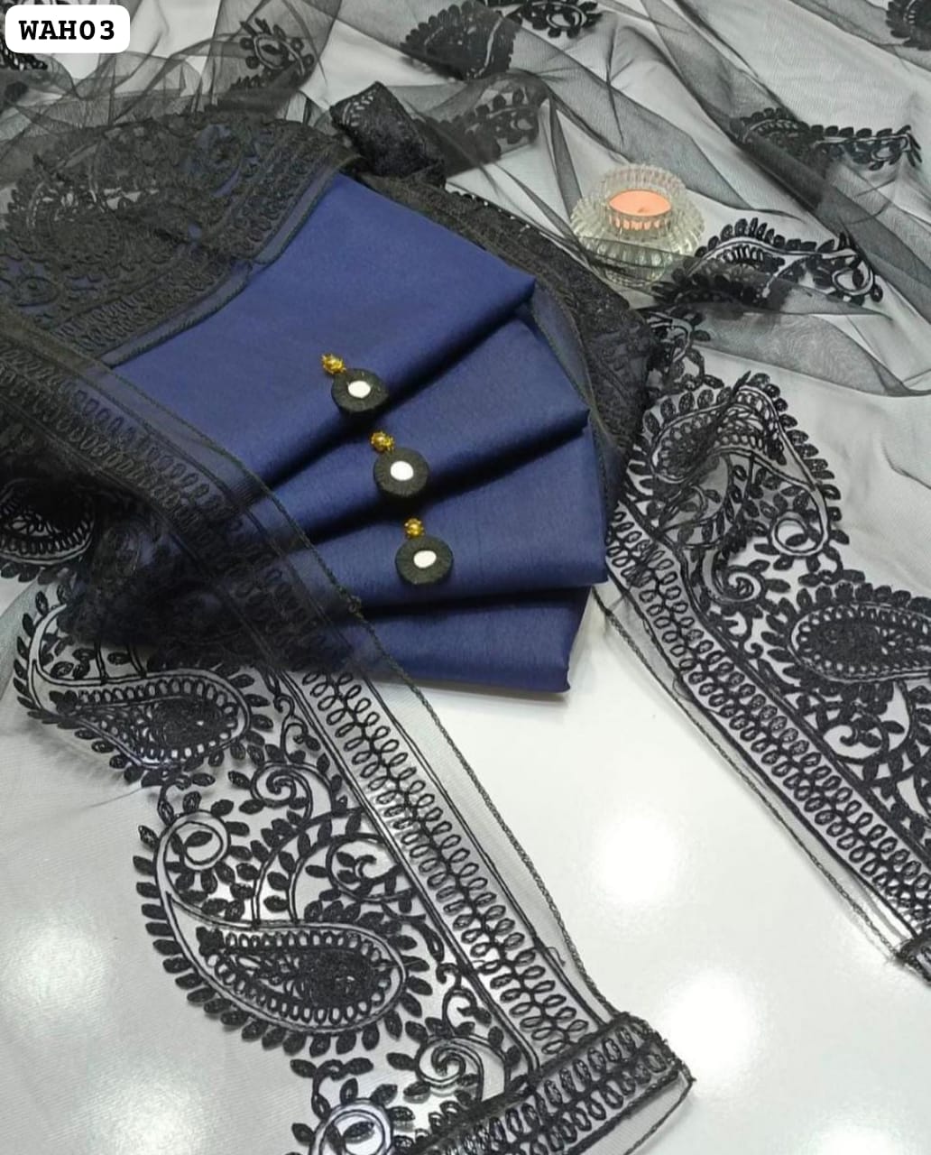 Katan Silk Shirt And Trouser With Indian Soft Net Black Aari Work Dupatta 3Pc Dress