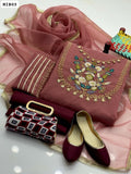 Organza Fabric Handmade 3D Flower Thread Galla Work Shirt And Organza Dupatta With Katan Silk Trouser With Clutch And Khussa 5PC Dress