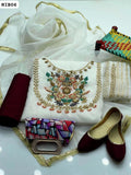 Organza Fabric Handmade 3D Flower Thread Galla Work Shirt And Organza Dupatta With Katan Silk Trouser With Clutch And Khussa 5PC Dress