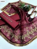 Katan Silk Shirt And Trouser With Organza Embroidered And Pearl Heavy Border 4 Sided lase Dupatta With Khussa And Neckline