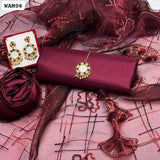 Katan Silk Shirt And Trouser With Pure Net Organza Fabric Aari & Sequence Work Dupatta 3PC Dress With Jhumka And Matha Patti