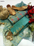 Front And Back Fully Embroidered Organza Shirt With Organza Embroidered Dupatta And Katan Silk Embroidered Trouser 3PC Dress  With beautiful embroidered khussa, same handmade hanging bangle and also same  handmade pouch