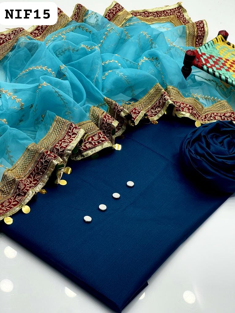 Katan Silk Shirt And Trouser With Organza Heavy Lase Embroidered Dupatta 3PC Dress With buttons