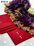 Katan Silk Shirt And Trouser With Organza Heavy Lase Embroidered Dupatta 3PC Dress With buttons