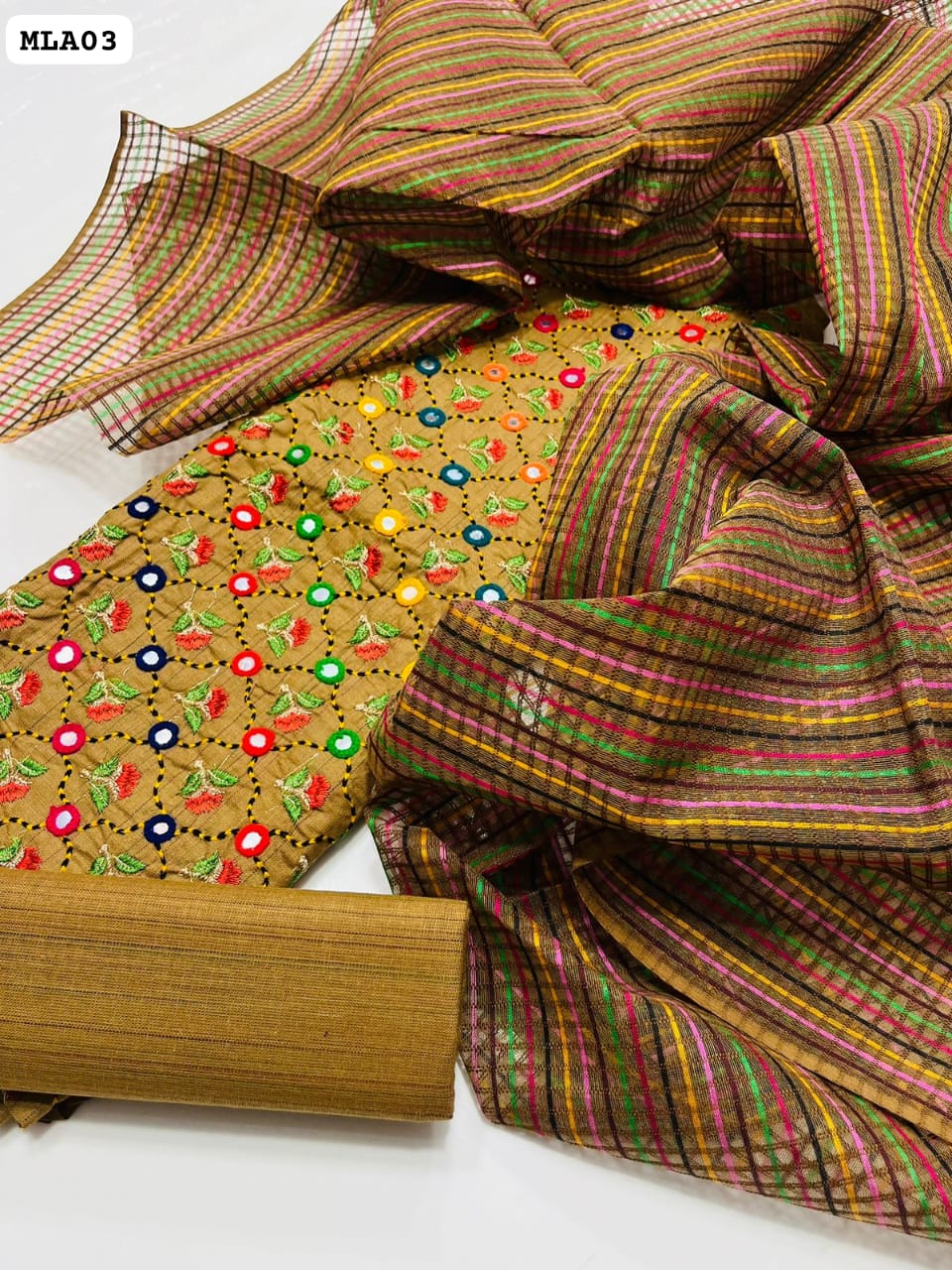 Khadi Cotton Fabric Computer Booti 9MM & Zarri Work Shirt With Cotton Net Multi Dupatta And Plain Lawn Trouser 3PC Dress