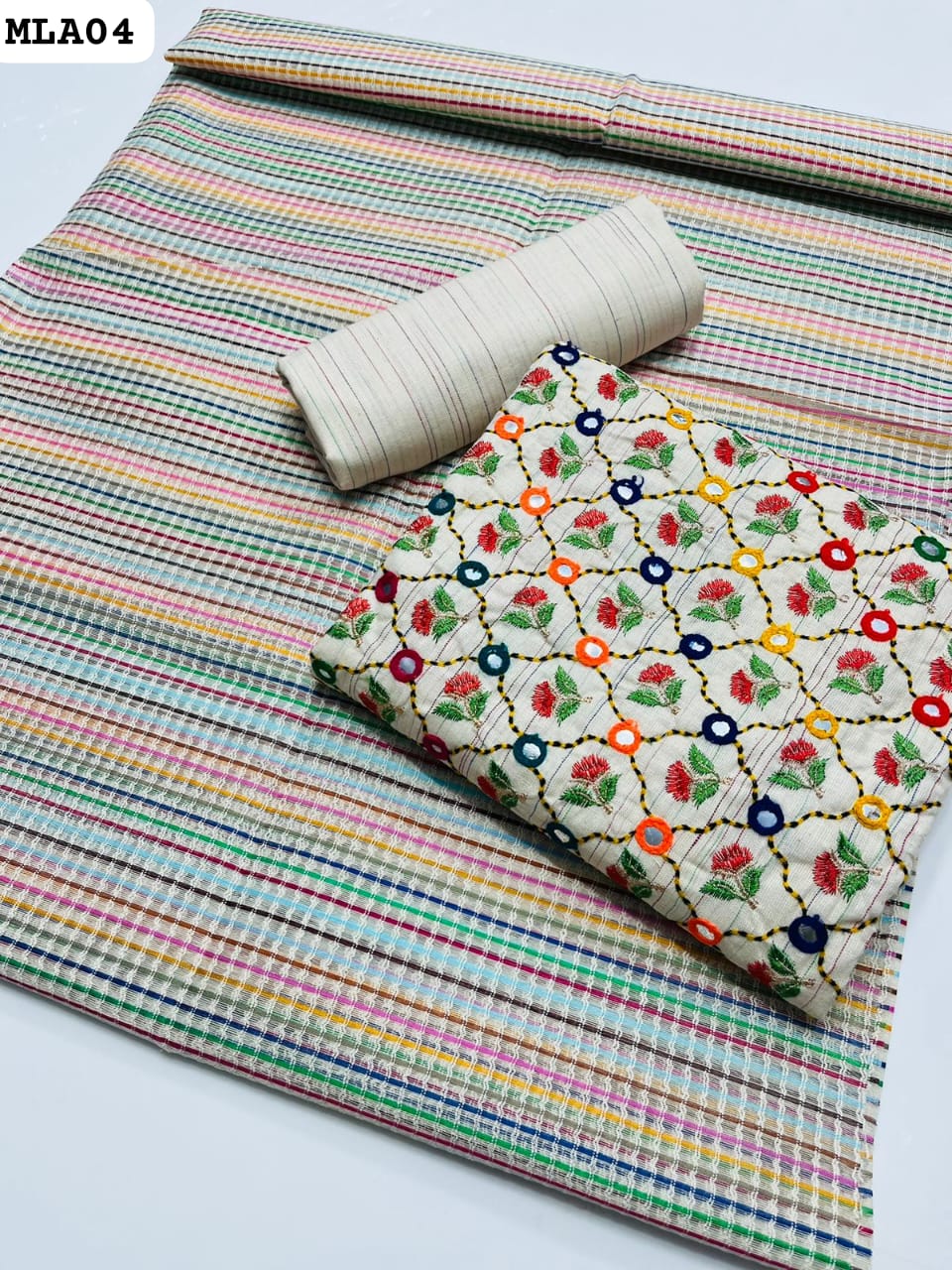 Khadi Cotton Fabric Computer Booti 9MM & Zarri Work Shirt With Cotton Net Multi Dupatta And Plain Lawn Trouser 3PC Dress