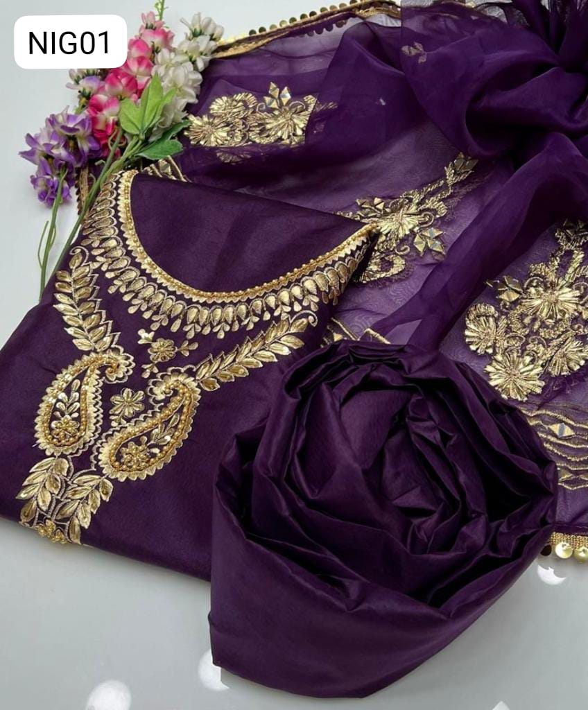 Alhamdulillah New Collection   *Organza Gota flowers and mirrors work Dupata Zari Tilla Work Khatan Shirt Khatan Trouser3 Pcs Suit*