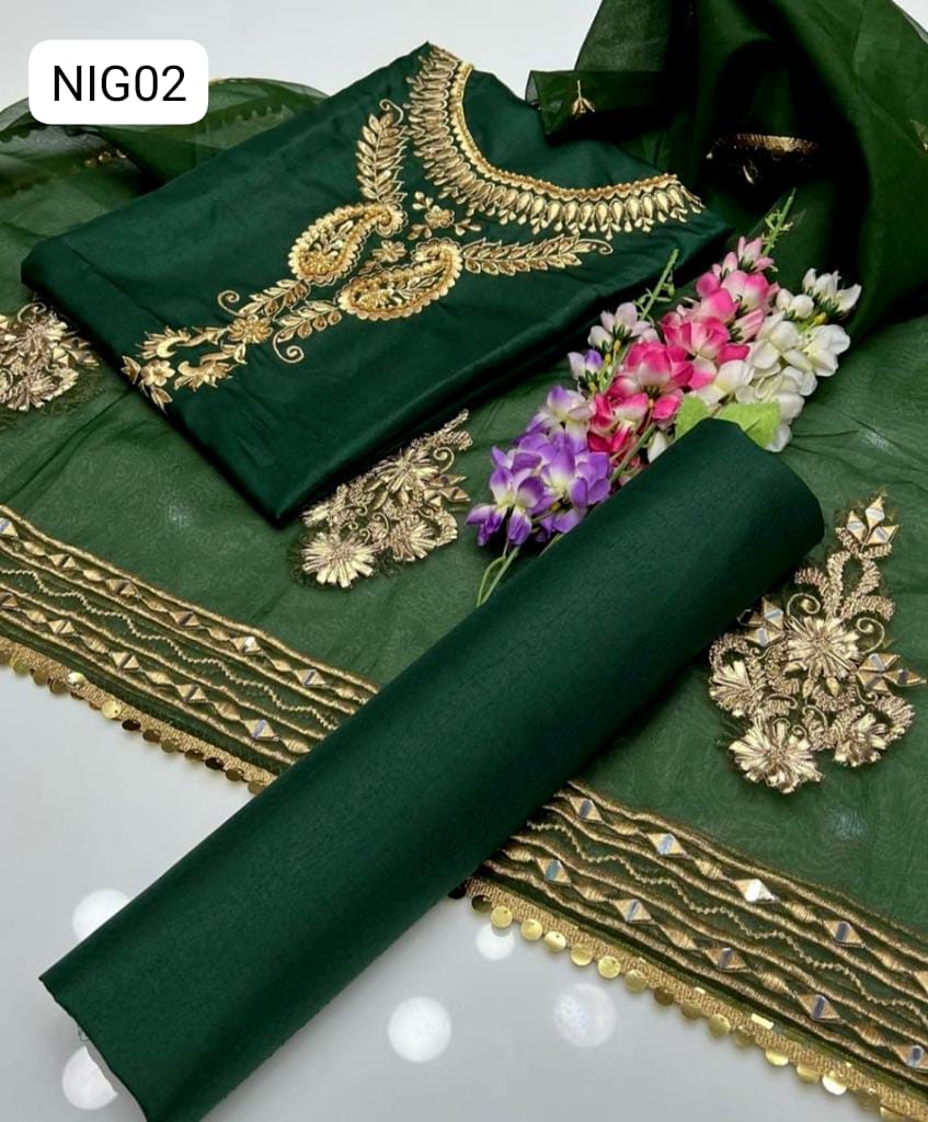 Alhamdulillah New Collection   *Organza Gota flowers and mirrors work Dupata Zari Tilla Work Khatan Shirt Khatan Trouser3 Pcs Suit*