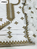Summer Collection Luxury Dresses for Eid  Cotton Fabric Karhai Mirror Work Tilla Embroidery Shirt With Trouser And Chiffon Krincle Dupatta 3PC Suits