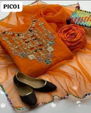 New Collection 😇  *Organza Fabric Handmade Aari Zari Beeds And Gota Work Applic Shirt Heavy Bazo Patch Work With Aari Work Organza Dupatta And Kaatan Trouser 3Pc Dress With Khussa*
