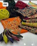 New Collection 😇  *Organza Fabric Handmade Aari Zari Beeds And Gota Work Applic Shirt Heavy Bazo Patch Work With Aari Work Organza Dupatta And Kaatan Trouser 3Pc Dress With Khussa*