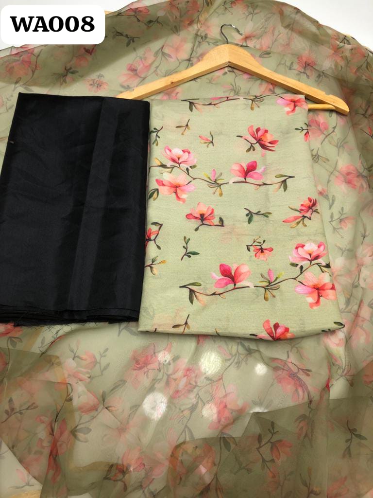 Monar Lawn Fabric Shirt With Beautiful Organza Printed Dupatta And kattan silk plain Trouser 3Pc Dress