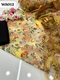 Monar Lawn Fabric Shirt With Beautiful Organza Printed Dupatta And kattan silk plain Trouser 3Pc Dress