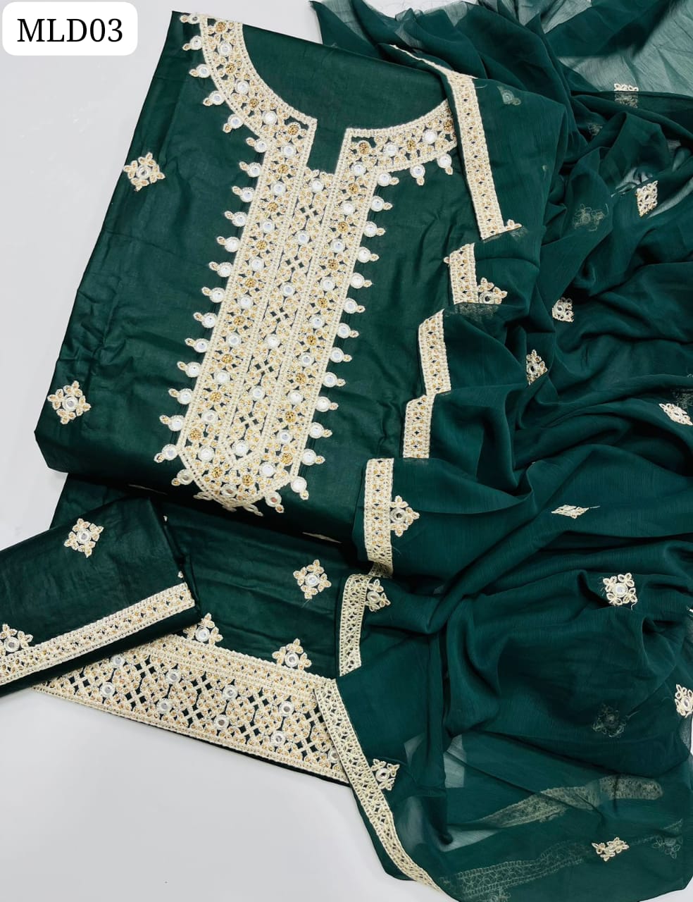 Lawn Cotton Fabric Ari Sindhi Work Shirt With Chiffon Embroidered Dupatta And Embroidered Trouser