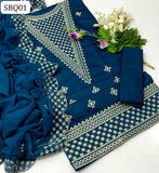 Lawn Fabric Computer Chawal Tanka Galla Daman Work Shirt With Cut work Embroidery Chiffon Dupatta And Plan Trouser 3Pc Dress