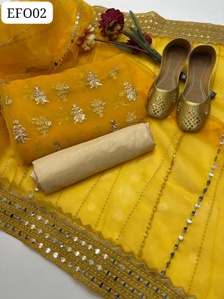 Organza Fabric front Work Shirt With Along Tissue Paani Shesha Work Duppata And Masoori Trouser 3Pc Dress With Khussa As a Gift