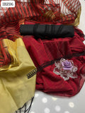 KHADDI MONAR FABRIC CHECK WORK SHIRT WITH KHADDI NET GOLDEN ZARI BORDER DUPPATTA AND LAWN TROUSER 3PC DRESS (LACE INCLUDED)