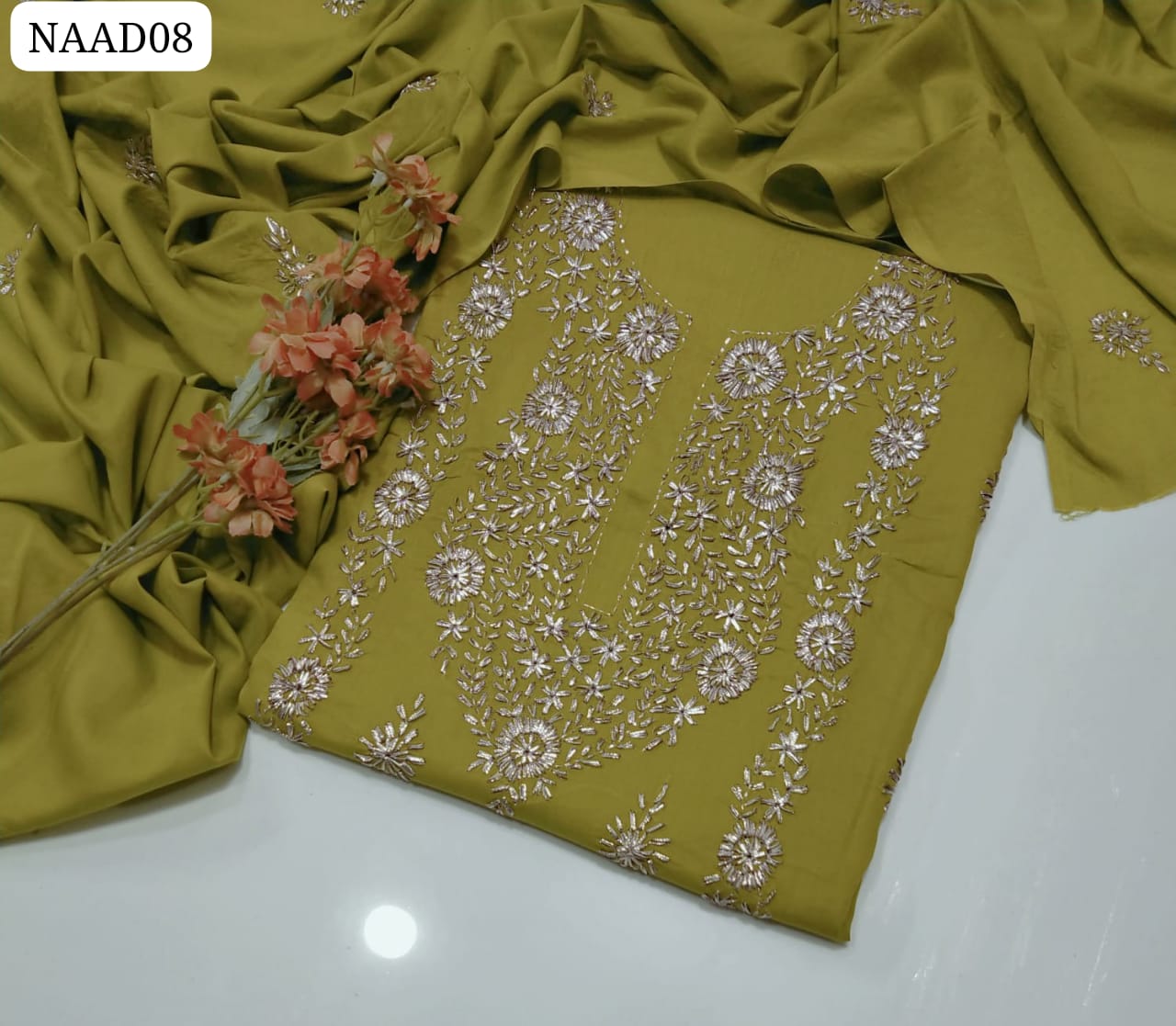 New summer collection2023 Lawn Fabric Handmande lcd Gota Gala Bail Style Embroidery Shirt With Lawn Gota Embroidery Dupatta And Lawn plain Trouser 3Pc Dress