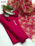 Kattan Silk Fabric Shirt With Organza Floral Printed Duppata And Kattan Silk Trouser 3Pc Dress With khussa, Buttons