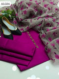 Kattan Silk Fabric Shirt With Organza Floral Printed Duppata And Kattan Silk Trouser 3Pc Dress With khussa, Buttons