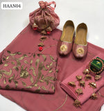 Crinkle Chiffon Fabric 6 Piece Multani Handmade Full Embroidered Shirt With Crinkle Chiffon Dupatta Four Side Border And Pure Crinkle Chiffon Stuff Malai Trouser. Along with color matching clutch bracelet.