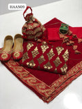 Crinkle Chiffon Fabric 6 Piece Multani Handmade Full Embroidered Shirt With Crinkle Chiffon Dupatta Four Side Border And Pure Crinkle Chiffon Stuff Malai Trouser. Along with color matching clutch bracelet.