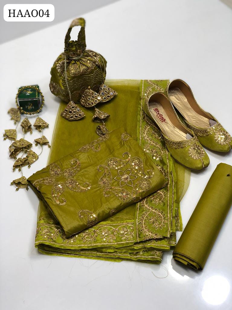 Multani 6Pc Collection Lawn Fabric Same Matching Shirt Full Embroidered Front. Back arm With Net Four Side Embroidered Border Dupatta And Lawn plain Trouser With Same Color Embroidered Khusa. Same Handmade Hanging Bracelet or Clutch