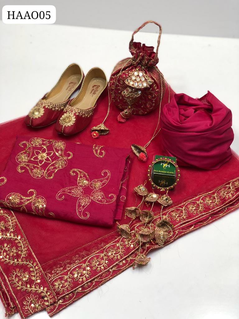 Multani 6Pc Collection Lawn Fabric Same Matching Shirt Full Embroidered Front. Back arm With Net Four Side Embroidered Border Dupatta And Lawn plain Trouser With Same Color Embroidered Khusa. Same Handmade Hanging Bracelet or Clutch