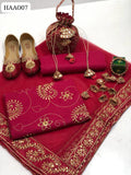Multani 6Pc Collection Lawn Fabric Same Matching Shirt Full Embroidered Front. Back arm With Net Four Side Embroidered Border Dupatta And Lawn plain Trouser With Same Color Embroidered Khusa. Same Handmade Hanging Bracelet or Clutch
