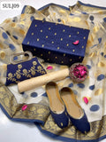 Alhamdulillah 5pc Unstitched Dress  Shamoz Silk Fabric Sequence Booti Shirt With Organza Broshia Heavy Border Dupatta And Self Embossed Masuri Trouser & beautiful khussa and clutch included