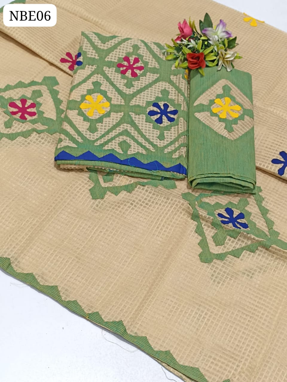 Khaadi Cotton Antique Hand Made Net Applick Daman Shirt And With Skin Contras Net Applick Dupatta And Khaadi Same Colour Applick Motive Trouser 3Pc Dress