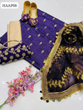 Soft Silk Fabric New boti Shirt With Pure Net Indian Patti Dupatta And Masori Trouser 3Pc Dress & Khussa and Clutch