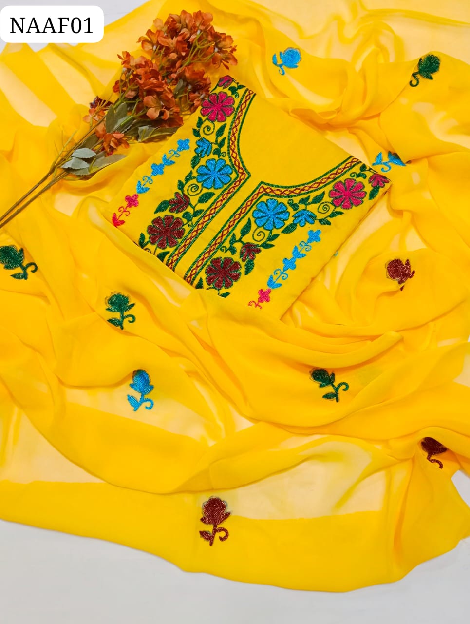 Lawn Fabric Handmade Embroidery Gala Neet work Shirt With Chiffon Embroidery Dupatta And Plain Lawn Trouser 3Pc Dress