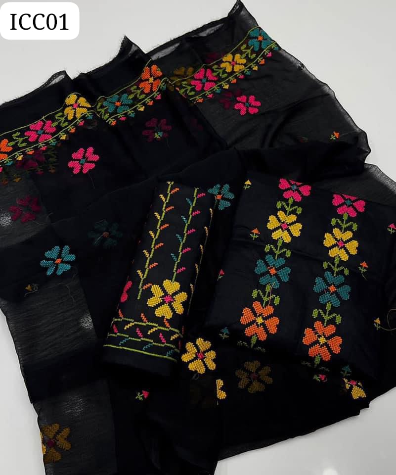 Lawn Fabric Computer Cross Stich  Embroidered Shirt With  Chiffon Embroidery Dupatta Along Lawn Embroidered Trouser 3Pc Dress
