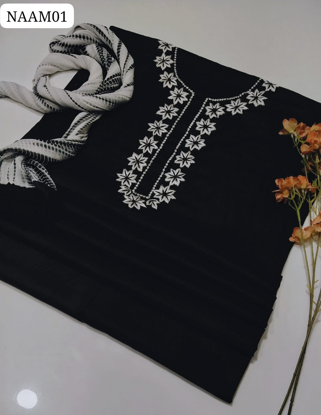 Lawn Embroidery Gala Shirt  And Plain lawn Trouser With Crush Tye & Dye Chiffon Duppata 3PC Dress