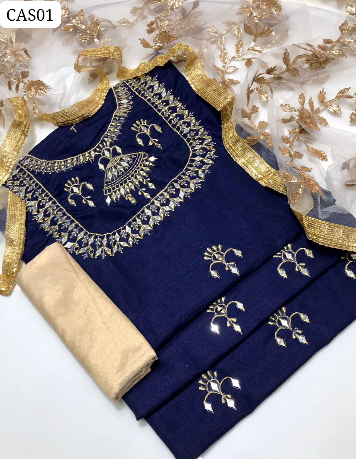 Raw Silk Mirror Work Shirt With Net Gota Work Dupatta And Masoori Trouser 3PC Dress
