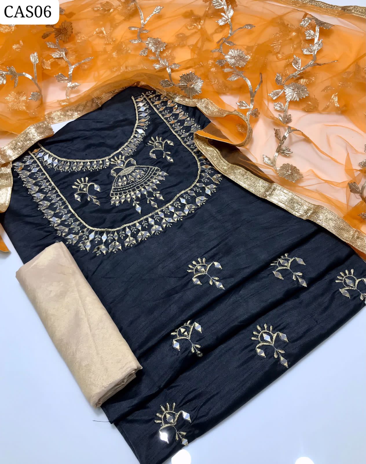 Raw Silk Mirror Work Shirt With Net Gota Work Dupatta And Masoori Trouser 3PC Dress