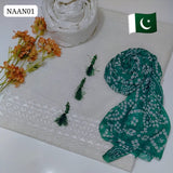 Lawn Fabric Chicken Kari Work Shirt and With Soft Chiffon chunri Dupatta And Lawn Chiken Kari Trouser 3Pc Dress With 3chumky