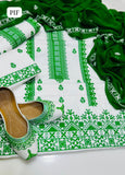 Lawn Cotton Fabric Karhai Cross Stitch Embroidery Work Shirt With Krincle Chiffon Dupatta And Lawn Cotton Trouser 3Pc Dress